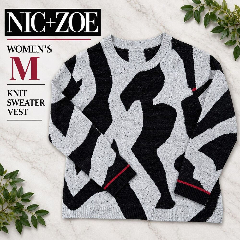 NIC+ZOE Women's Medium Black White Abstract Knit Sweater Vest Red